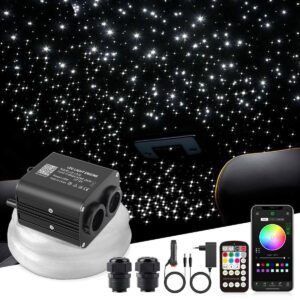 A black dual-port 20W LED light engine next to a smartphone showing a color wheel control app, a remote control, power adapters, and a glowing starlight ceiling background.