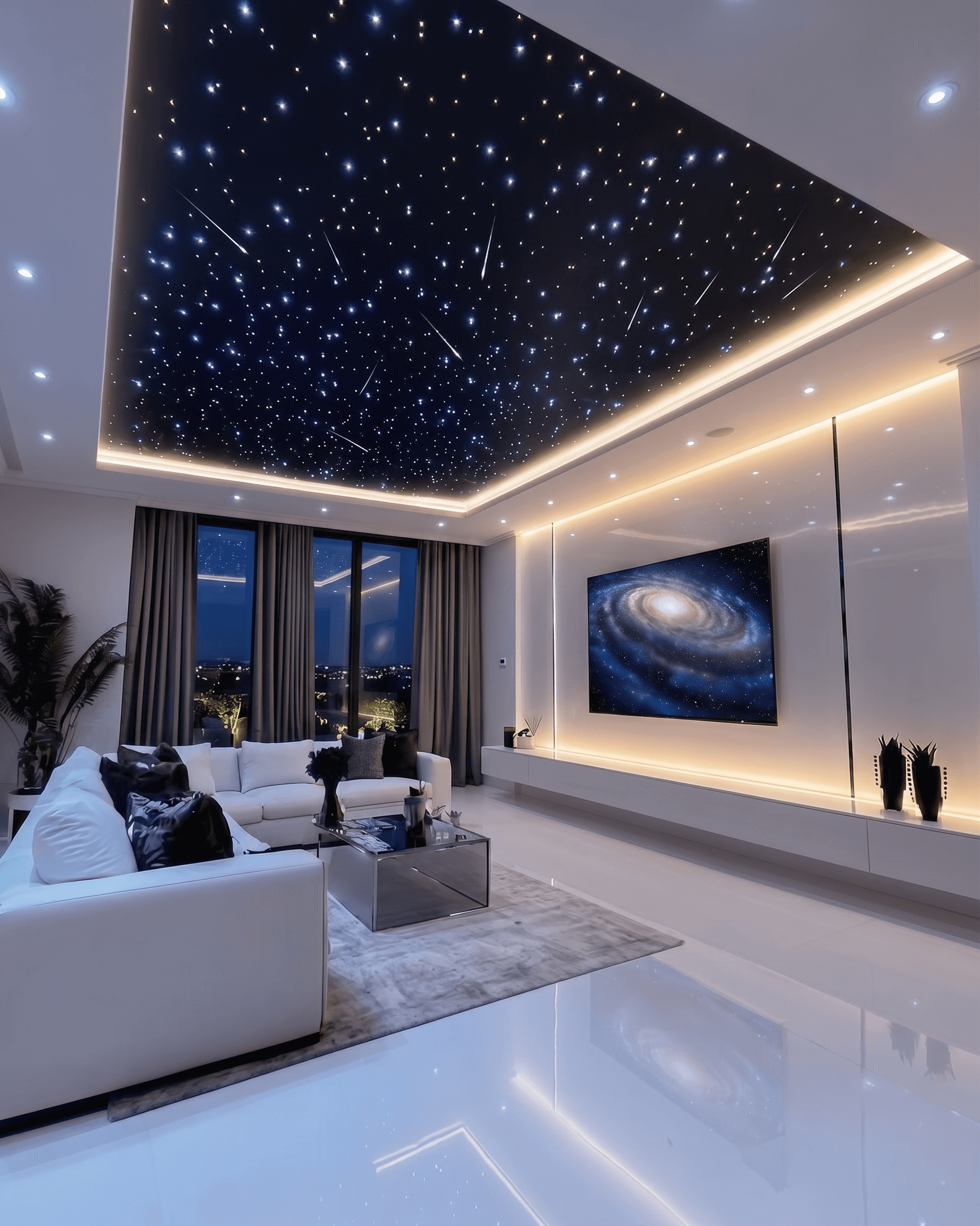 A photograph of a luxury, modern home theater living room at night, featuring a prominent rectangular recessed ceiling panel with a fiber-optic "starry night" effect and shooting stars, framed by warm LED cove lighting. Below, a white leather L-shaped sectional sofa faces a floating high-gloss media console with a large wall-mounted TV displaying a spiral galaxy. The floor is highly reflective polished white, and large floor-to-ceiling windows look out over a nighttime cityscape.