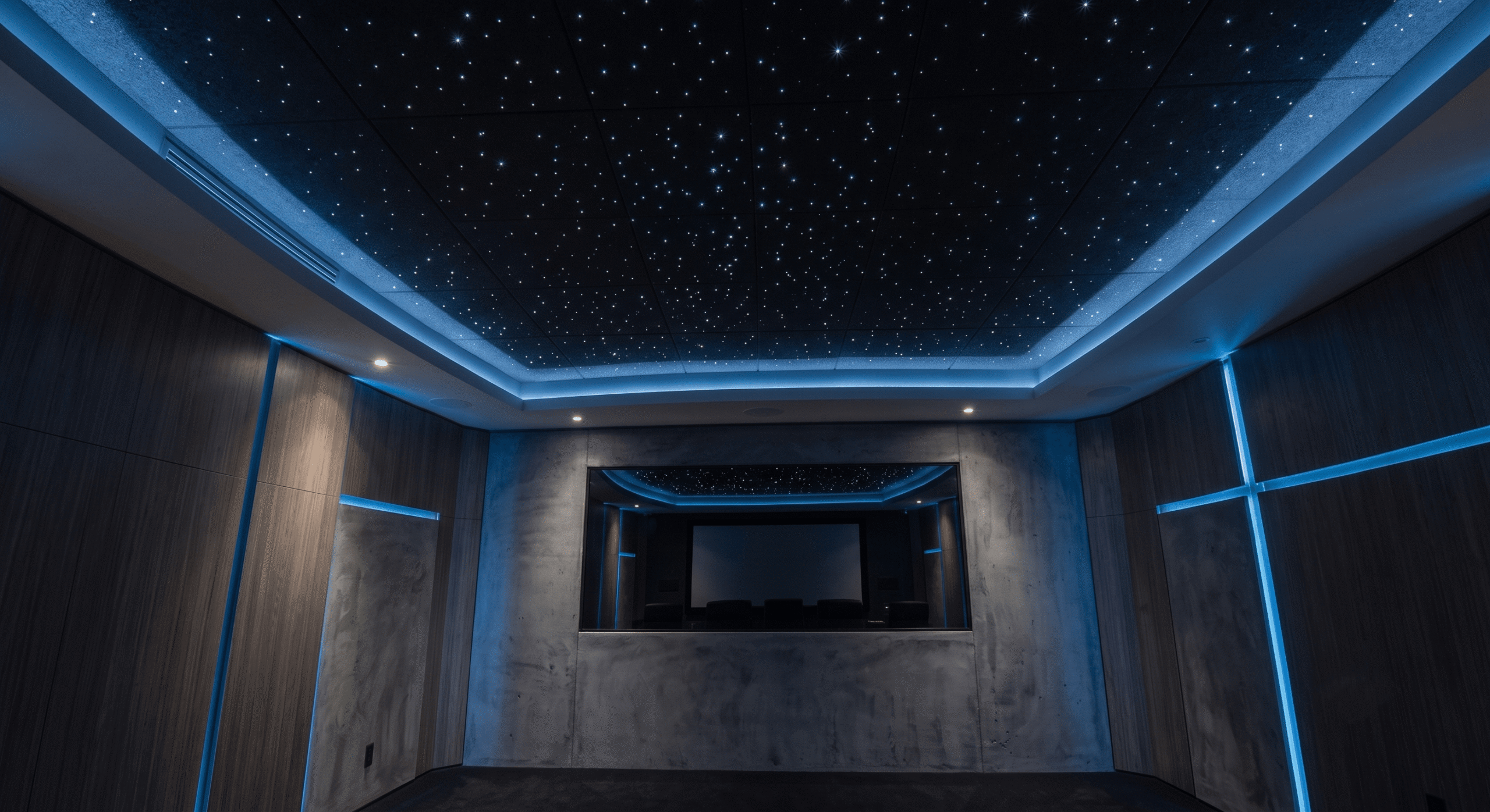An immaculate interior photograph of a luxurious dedicated home theater room, featuring a dark acoustic tiled ceiling with hundreds of twinkling fiber optic star lights and recessed linear blue LED cove lighting. The side walls are dark wood paneling with vertical blue LED light strips, and the far concrete feature wall holds a large, frameless media screen.