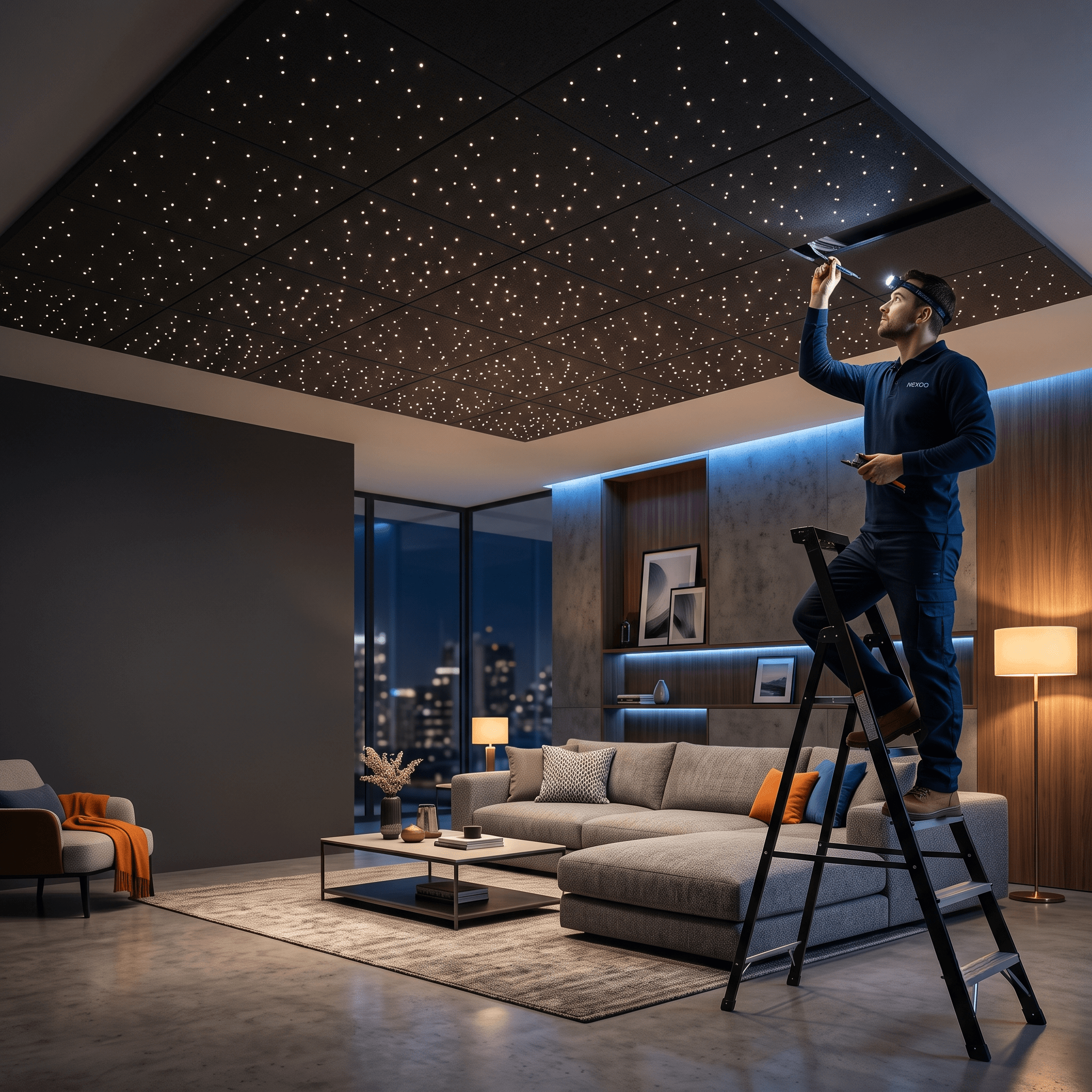 Professional technician installing an optical fiber starlight ceiling in a modern luxury living room by Nexoo.