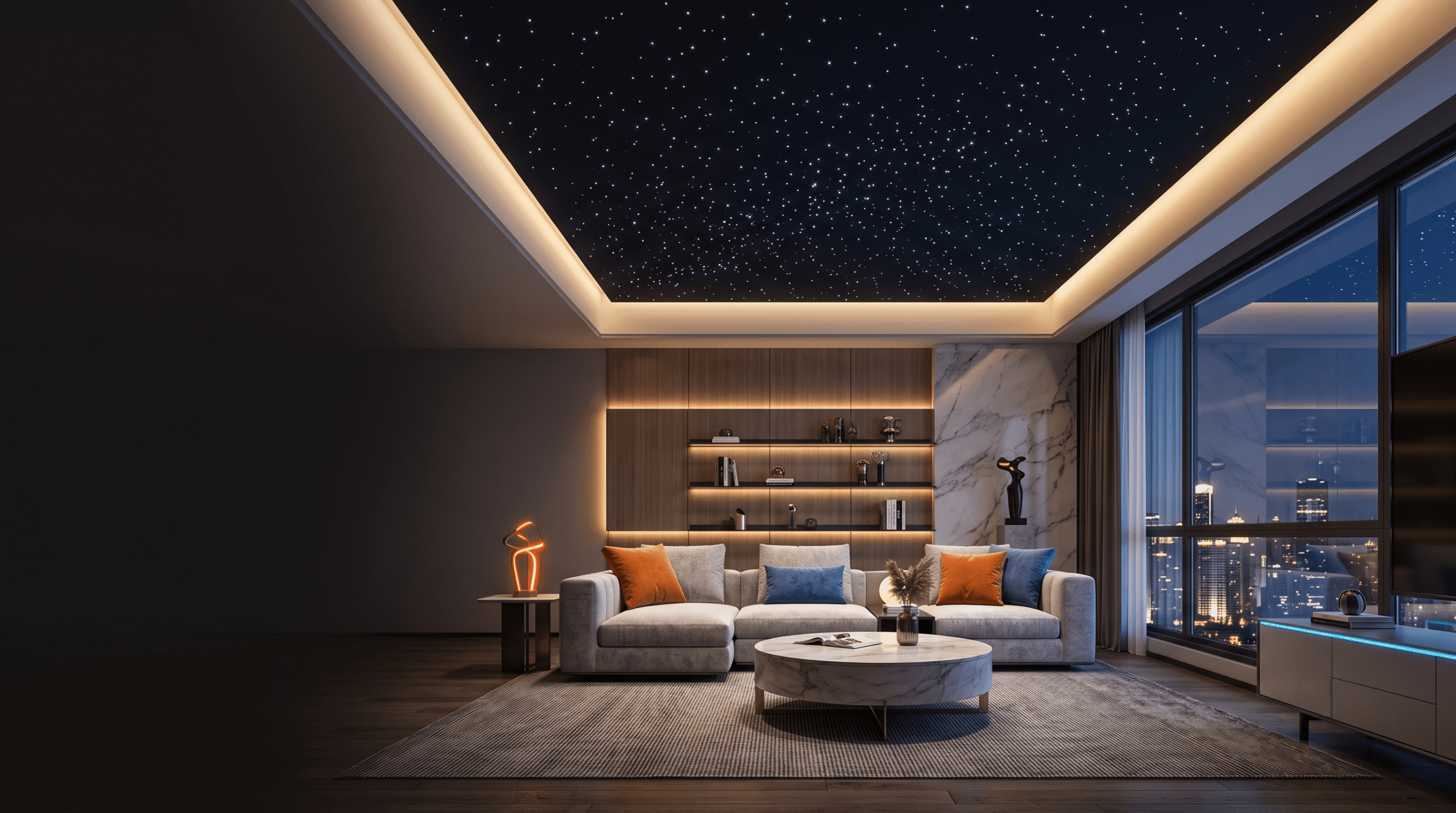 Luxury living room with a custom optical fiber starlight ceiling creating a realistic night sky effect.