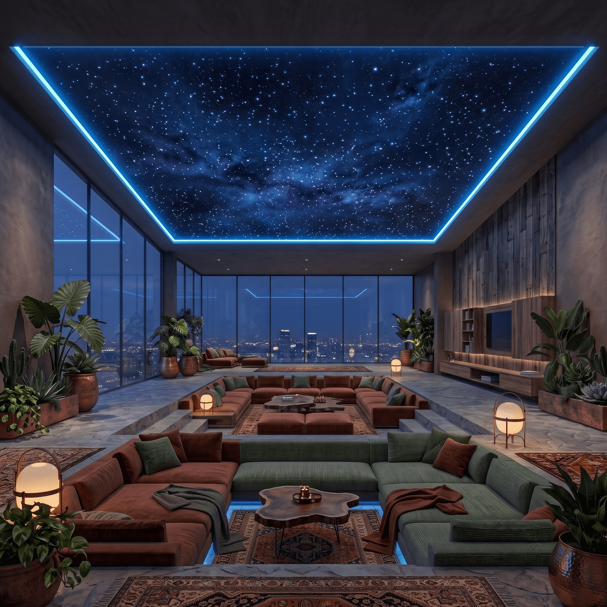 A wide-angle photograph of a luxurious modern penthouse living room at night, featuring a sunken conservation pit with multi-colored modular sofas, raw-edge wood tables, and Persian rugs on a stone floor. Floor-to-ceiling windows reveal a panoramic night city skyline, and the entire ceiling is a glowing cosmic starry sky panel with a blue nebula, framed by blue LED strip lights. The space is filled with potted plants and globe-shaped lamps.