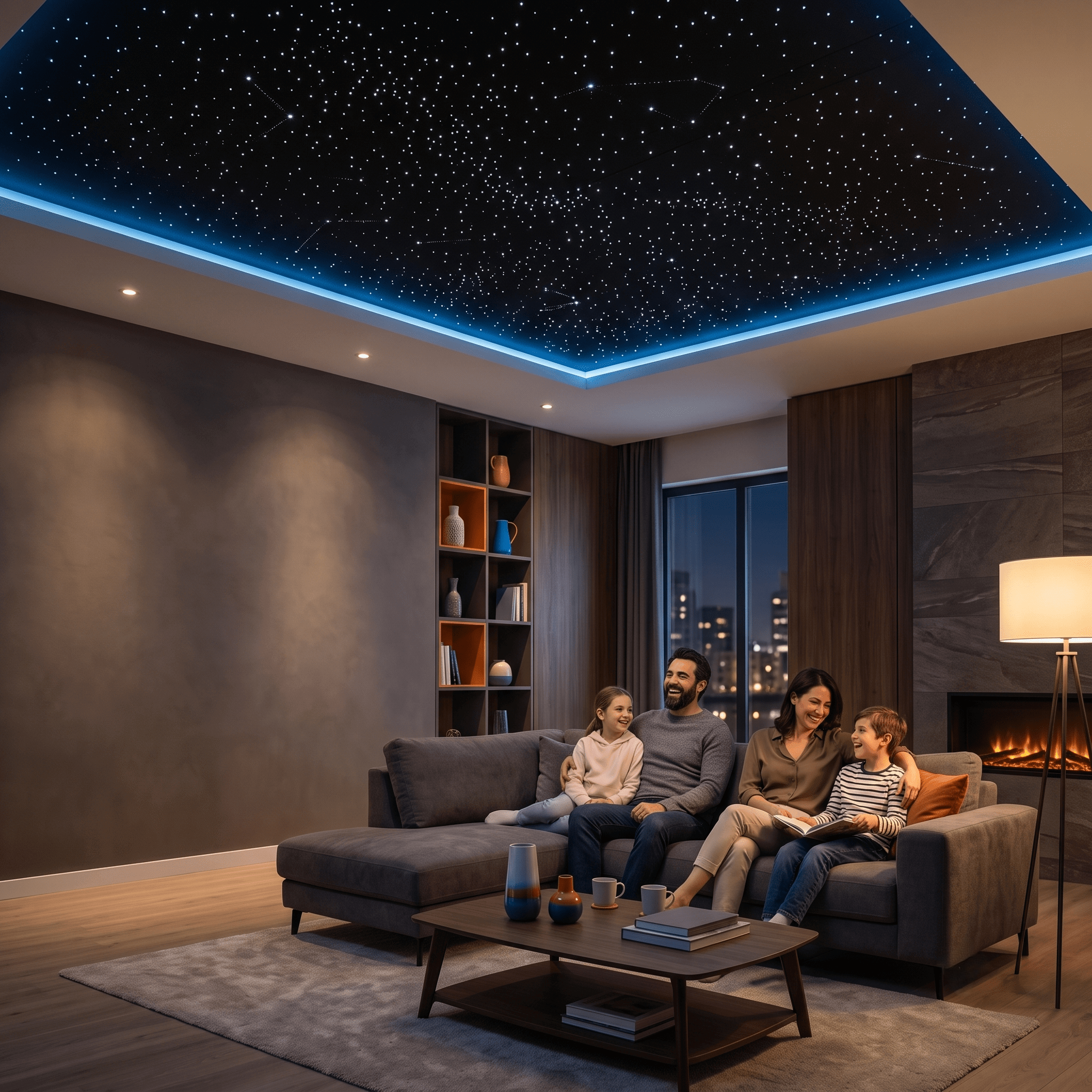 A happy family of four sitting on a modern gray sofa in a luxurious living room, smiling and relaxing beneath a custom glowing fiber optic starlight ceiling with blue LED border lighting. The left side features an empty dark wall.