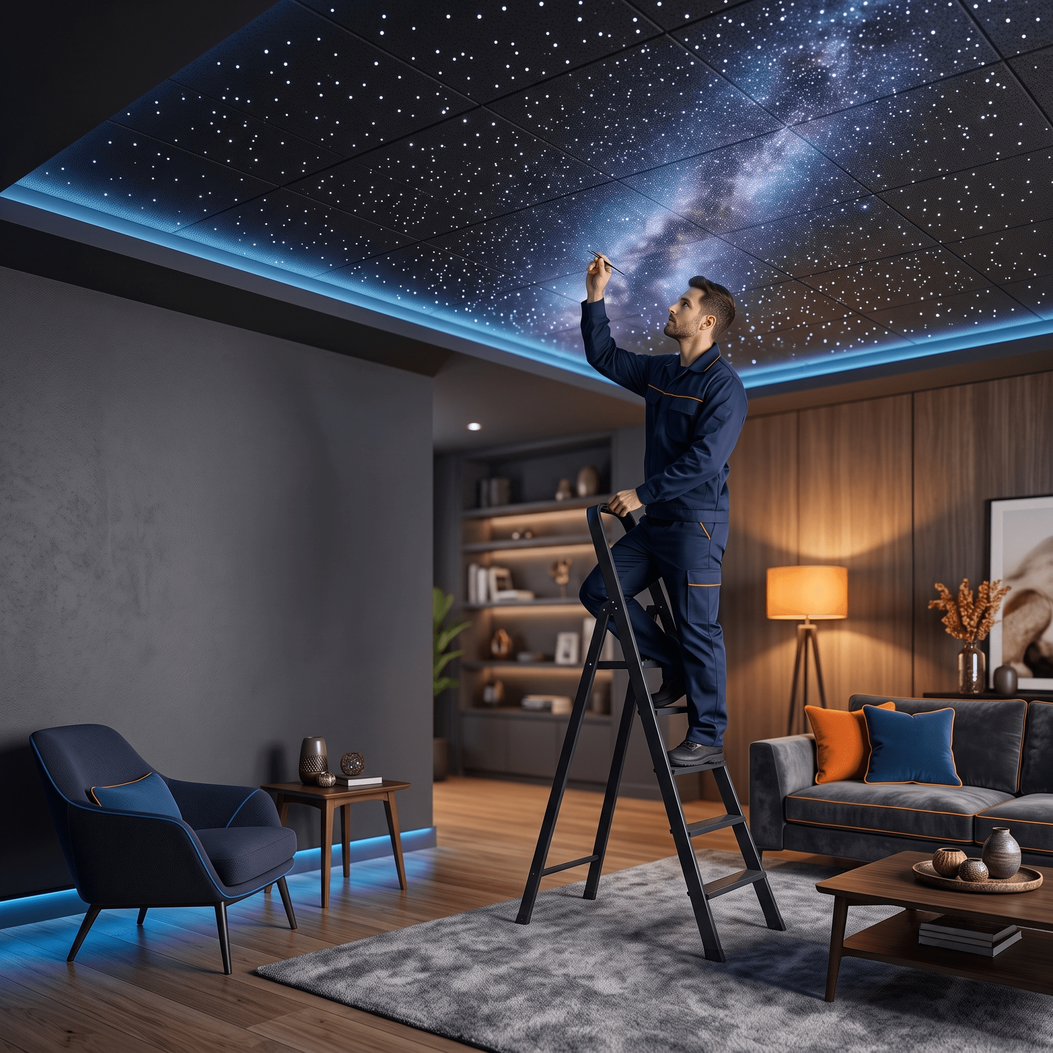 A skilled Nexoo technician on a ladder meticulously fine-tuning a breathtaking, realistic optical fiber starlight ceiling within an elegantly furnished, modern luxury living room. The custom ceiling features thousands of sparkling stars and a soft Milky Way effect.